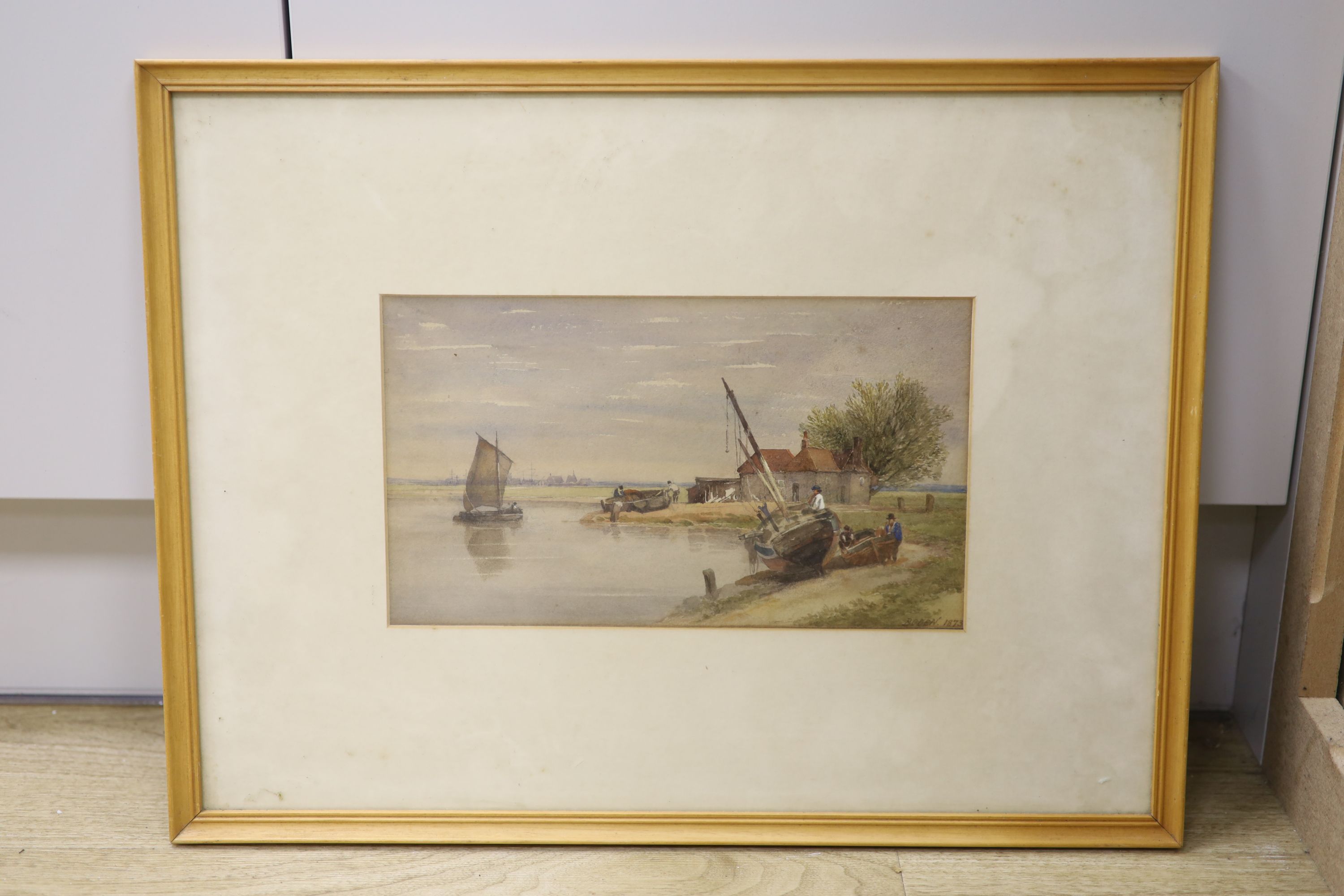 Samuel Standige Boden (1826-1882), watercolour, Estuary scene, signed and dated 1873, 16 x 28cm